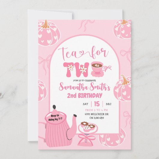 秋のピンクお洒落レトロティーガール2nd誕生日 招待状 (正面)