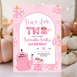 秋のピンクお洒落レトロティーガール2nd誕生日 招待状