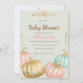 秋のピンクとゴールドのパンプキンベイビーシャワーの招待状 招待状 (正面)