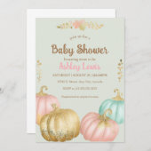 秋のピンクとゴールドのパンプキンベイビーシャワーの招待状 招待状 (正面/裏面)