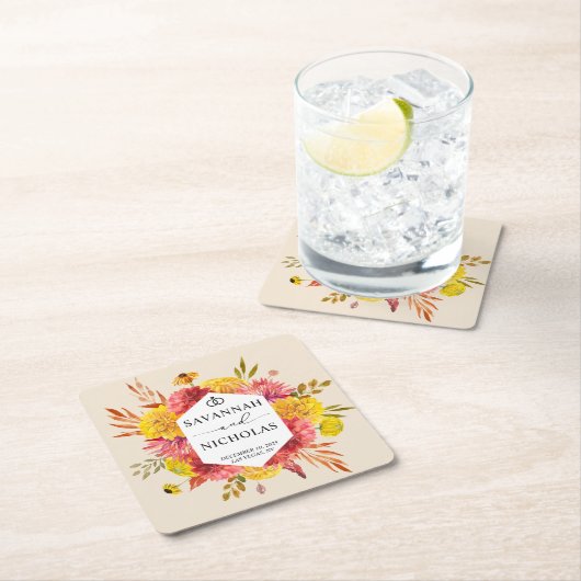 秋のピンクと黄色の水色のフローラ結婚 スクエアペーパーコースター (インサイチュ)