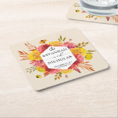 秋のピンクと黄色の水色のフローラ結婚 スクエアペーパーコースター (アングル)