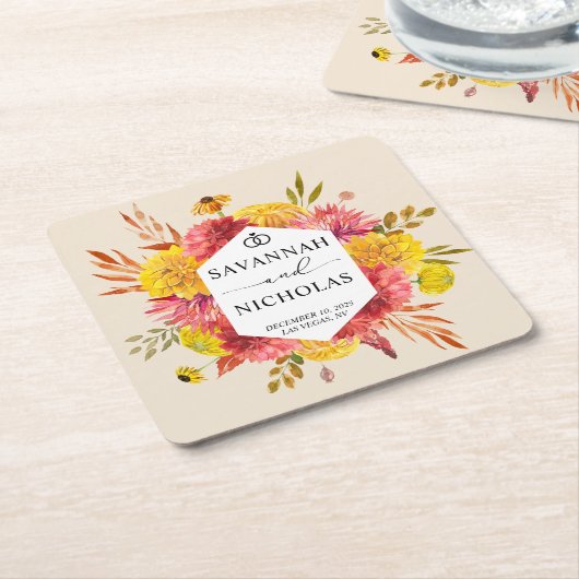秋のピンクと黄色の水色のフローラ結婚 スクエアペーパーコースター (アングル)