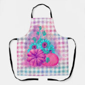 秋のピンクのカボチャのアクアフラワーギンガムプレイド エプロン (正面)