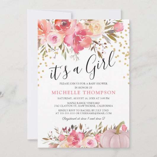 秋のピンクのカボチャ女の子のフローラの赤ちゃんシャワー 招待状 (正面)