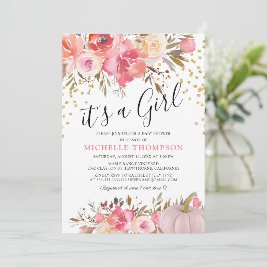 秋のピンクのカボチャ女の子のフローラの赤ちゃんシャワー 招待状 (スタンド正面)