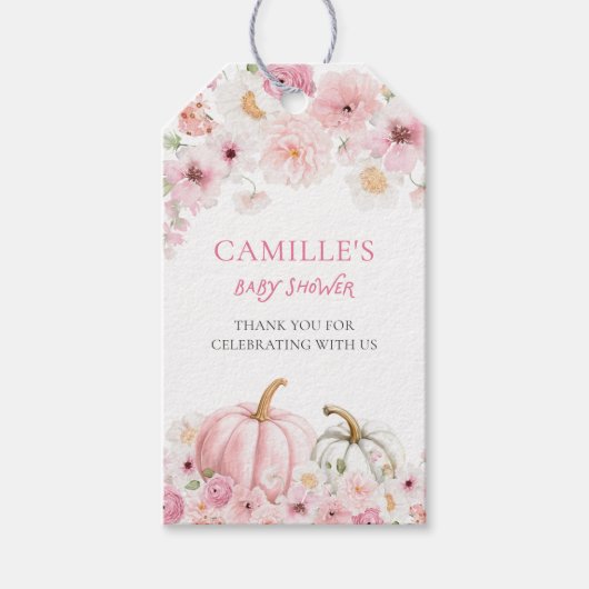 秋のピンクのパンプキンベイビーシャワーの感謝タグ ギフトタグ (正面)