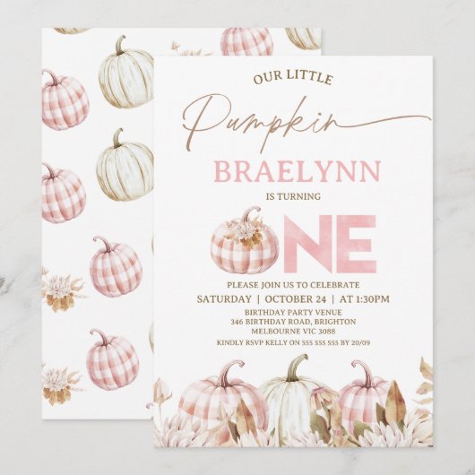 秋のピンクの女の子のパンプキン生誕祭 招待状 (正面/裏面)