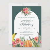 秋のピンクの花と鮮やかなパンプキンの誕生日パーティー 招待状 (正面)