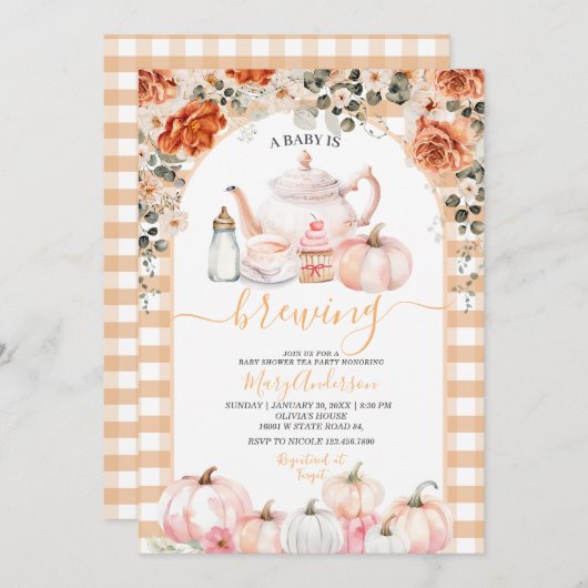 秋のピンクの花の紅茶パーティー ベビーシャワー 招待状 (正面/裏面)