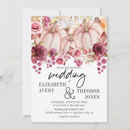 秋のピンクバーガンディパンプキン結婚フローラのinvita 招待状 (正面)