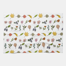 秋のピンク色の赤と黄色の花と葉花 キッチンタオル