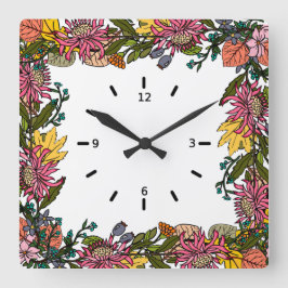 秋のピンク色の赤と黄色の花と葉花 スクエア壁時計