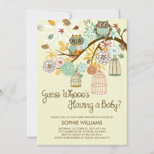 秋のフクロウおよび鳥籠のベビーシャワー 招待状 (正面)