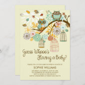 秋のフクロウおよび鳥籠のベビーシャワー 招待状 (正面/裏面)