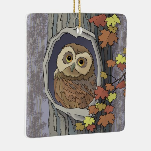 秋のフクロウと紅葉セラミックオーナメント セラミックオーナメント (右)