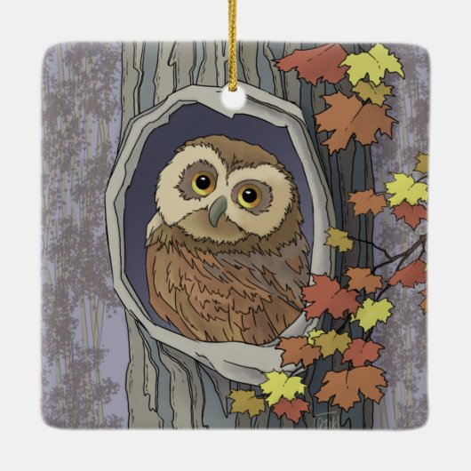 秋のフクロウと紅葉セラミックオーナメント セラミックオーナメント (裏面)