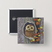 秋のフクロウと紅葉ボタン 缶バッジ (正面&裏面)