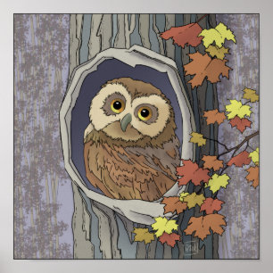 秋のフクロウと紅葉ポスター ポスター