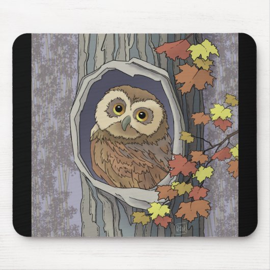 秋のフクロウと紅葉マウスパッド マウスパッド (正面)
