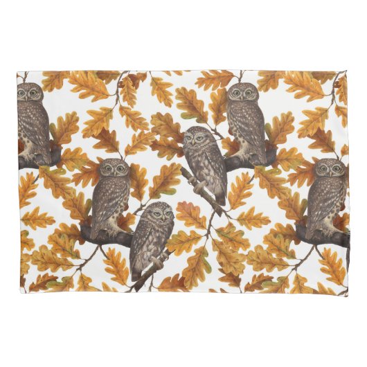 秋のフクロウの綿白 枕カバー (正面左)