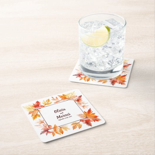 秋のフレームと日付:パーソナライズされたの結婚コースター スクエアペーパーコースター (インサイチュ)