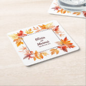 秋のフレームと日付：パーソナライズされたの結婚コースター スクエアペーパーコースター (アングル)