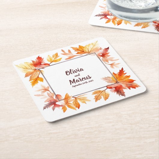 秋のフレームと日付:パーソナライズされたの結婚コースター スクエアペーパーコースター (アングル)