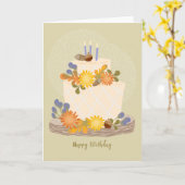 秋のフローラお誕生日ケーキカード – グリーンBG カード (黄色い花)