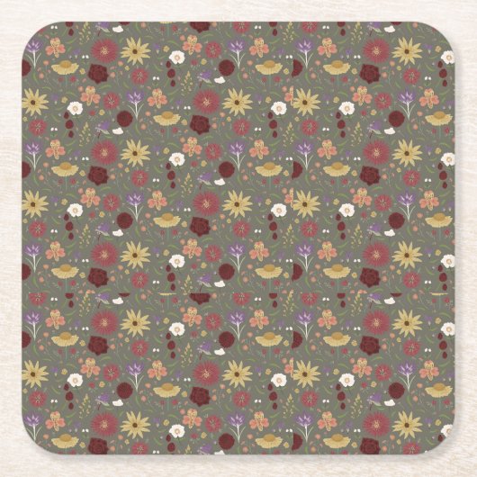 秋のフローラが緑の背景を受け入れ スクエアペーパーコースター (正面)