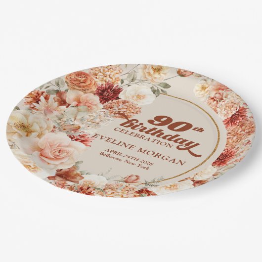 秋のフローラさびたアイボリー90歳の誕生日 ペーパープレート (アングル)