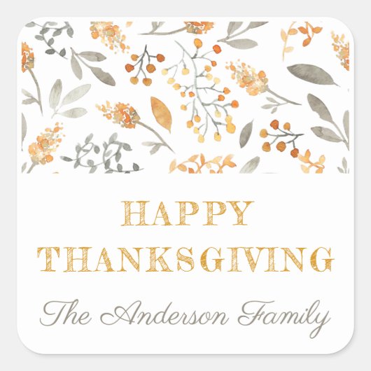 秋のフローラと果実の幸せな感謝祭 スクエアシール (正面)