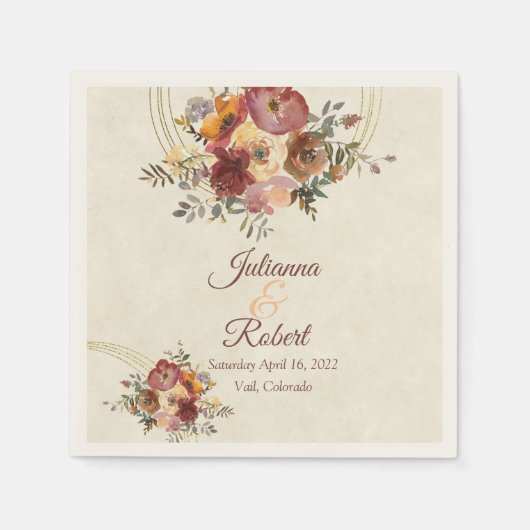 秋のフローラと金ゴールド結婚の スタンダードカクテルナプキン (正面)