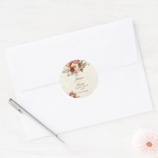 秋のフローラと金ゴールド結婚の ラウンドシール (封筒)