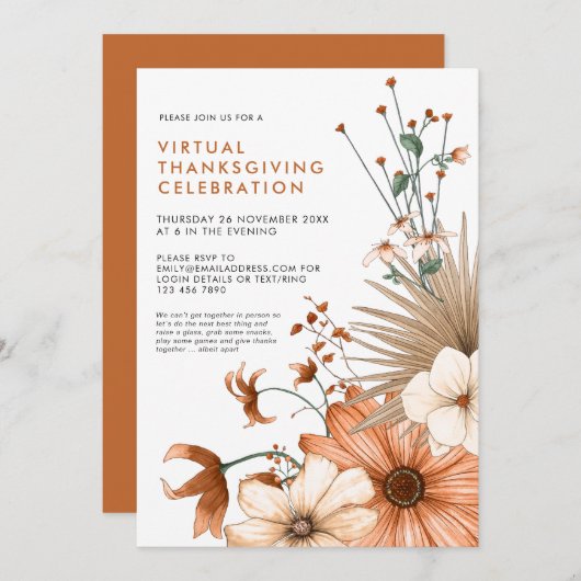 秋のフローラの葉のバーチャル感謝祭ディナー 招待状 (正面/裏面)