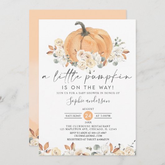 秋のフローラア小さなカボチャ秋の赤ちゃんシャワー 招待状 (正面/裏面)