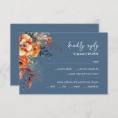 秋のフローラエレガントな結婚式のほこり青 出欠カード (正面/裏面)