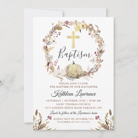 秋のフローラエレガントリースカボチャ秋バプテスマ 招待状 (正面)