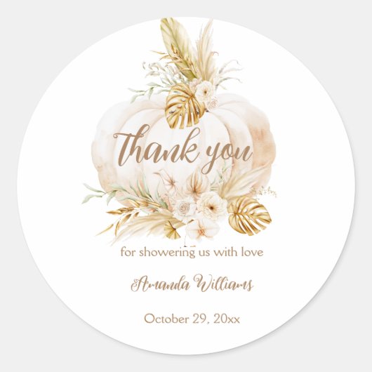秋のフローラカボチャ赤ちゃんシャワーありがとう ラウンドシール (正面)