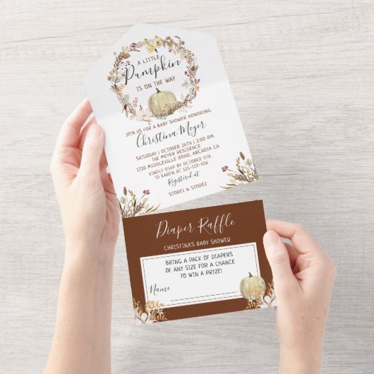 秋のフローラカボチャ赤ちゃんシャワー&おむつラッフル オールインワン招待状 (貼ってはがせる)