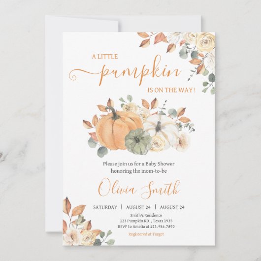 秋のフローラカボチャ赤ちゃんシャワー 招待状 (正面)
