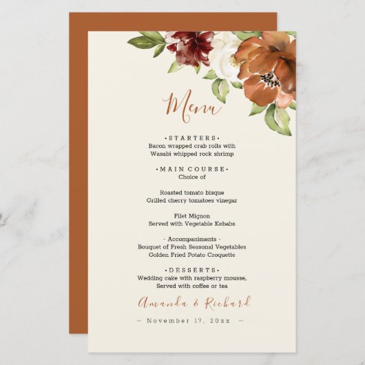 秋のフローラダークオレンジ結婚のメニュー (正面/裏面)