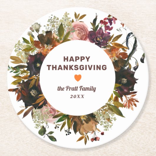 秋のフローラハッピーサンクスギビング ラウンドペーパーコースター (正面)