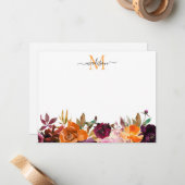 秋のフローラバラブルガンディーパープル金ゴールドモノグラム ノートカード (正面/裏面インサイチュ)