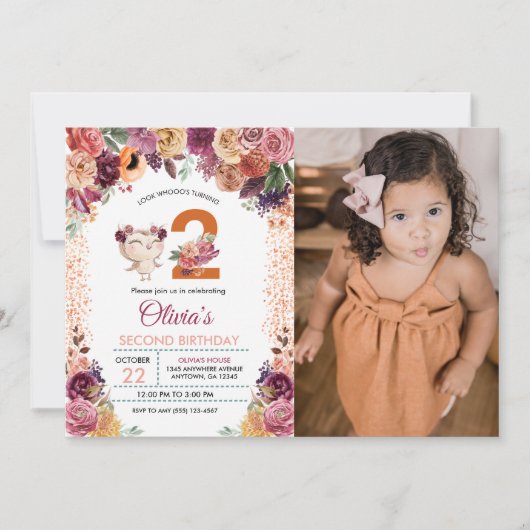 秋のフローラフクロウ誕生日 招待状 (正面)