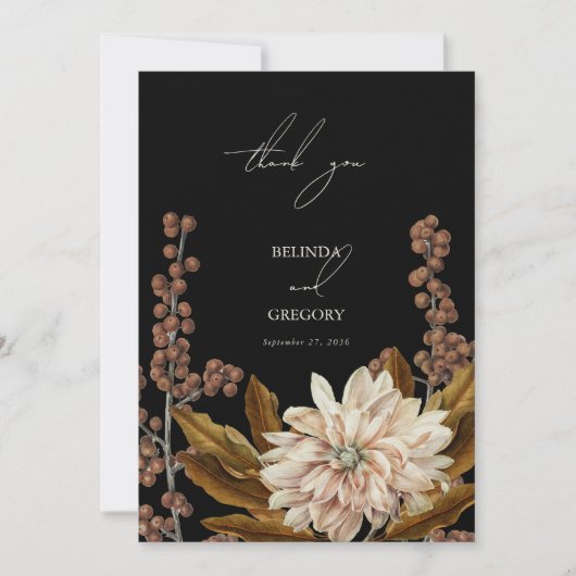 秋のフローラブラックウォーターカラー秋の結婚式 サンキューカード (正面)