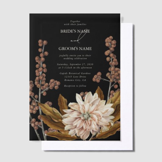 秋のフローラブラックウォーターカラー秋の結婚式 ベラム紙招待状 (オフセット)