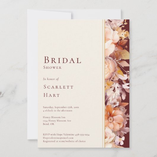 秋のフローラブルガンディークリーモダンムブライダルシャワー 招待状 (正面)