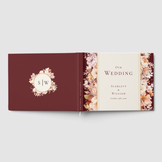 秋のフローラブルガンディ結婚クリーム ゲストブック (全面)