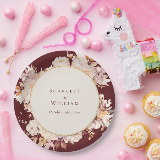 秋のフローラブルガンディ結婚クリーム ペーパープレート (パーティー)